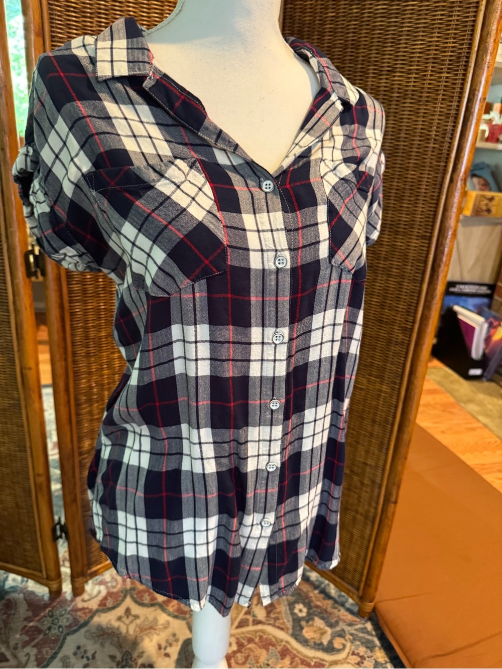 Jacks Girlfriend Navy, Red, White Plaid Button-Up Shirt